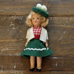 VTG 1950s Nancy Ann Style Doll 7 inch Blonde Hair Green Poodle Skirt Porcelain